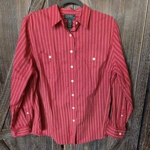 Lauren Ralph Lauren Shirt Women's Size 1X Light Red Beige Stripe Button Up